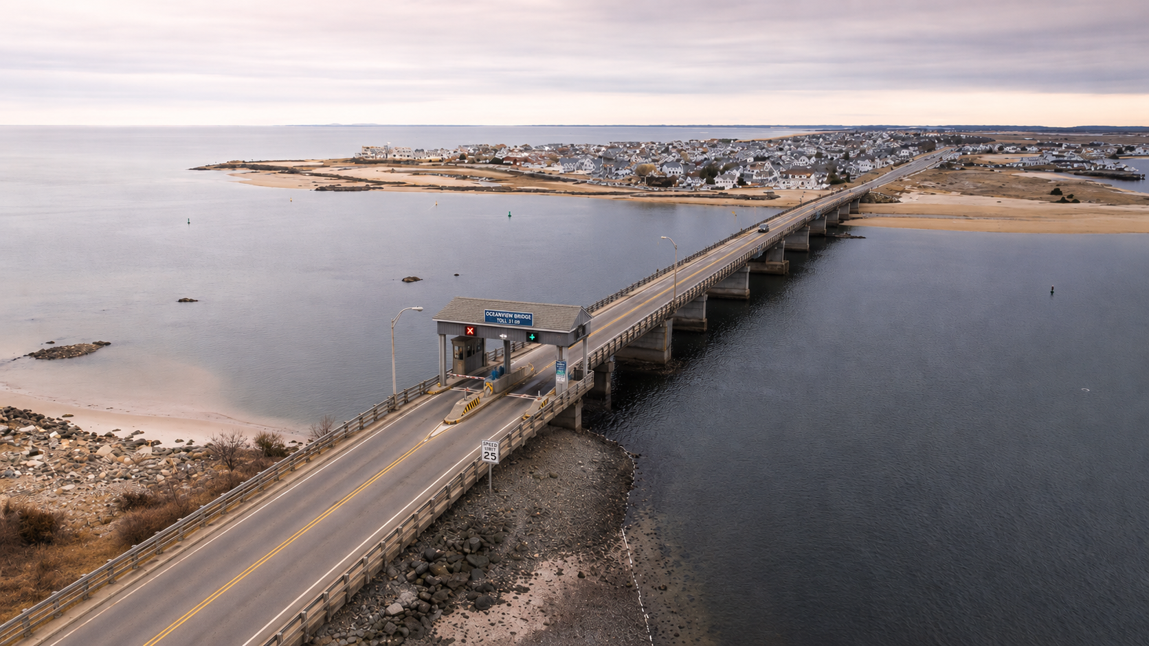 Aerial view of Hampton Harbor Bridge with toll booth